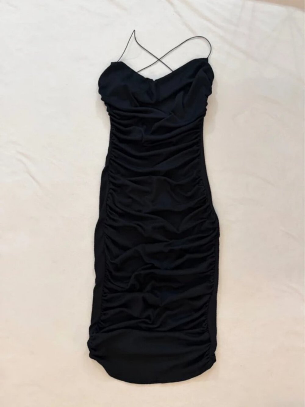 PLT Black Ruched Midi Dress